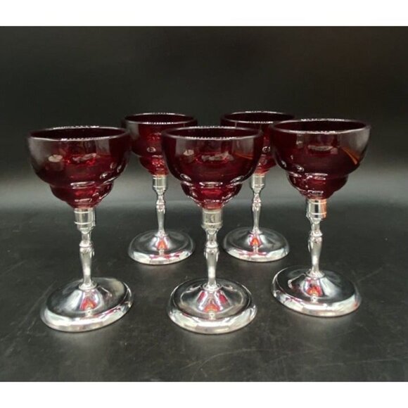 Moondrop Ruby Red Glass Cordial W/ Metal chrome Stem Martinsville Set 5 - Picture 3 of 12